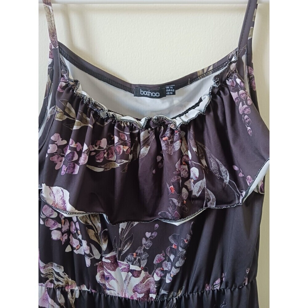 Boohoo Womens Purple White Floral Jumpsuit Spaghetti Strap Wide Leg Ruffle 10 - Picture 4 of 6